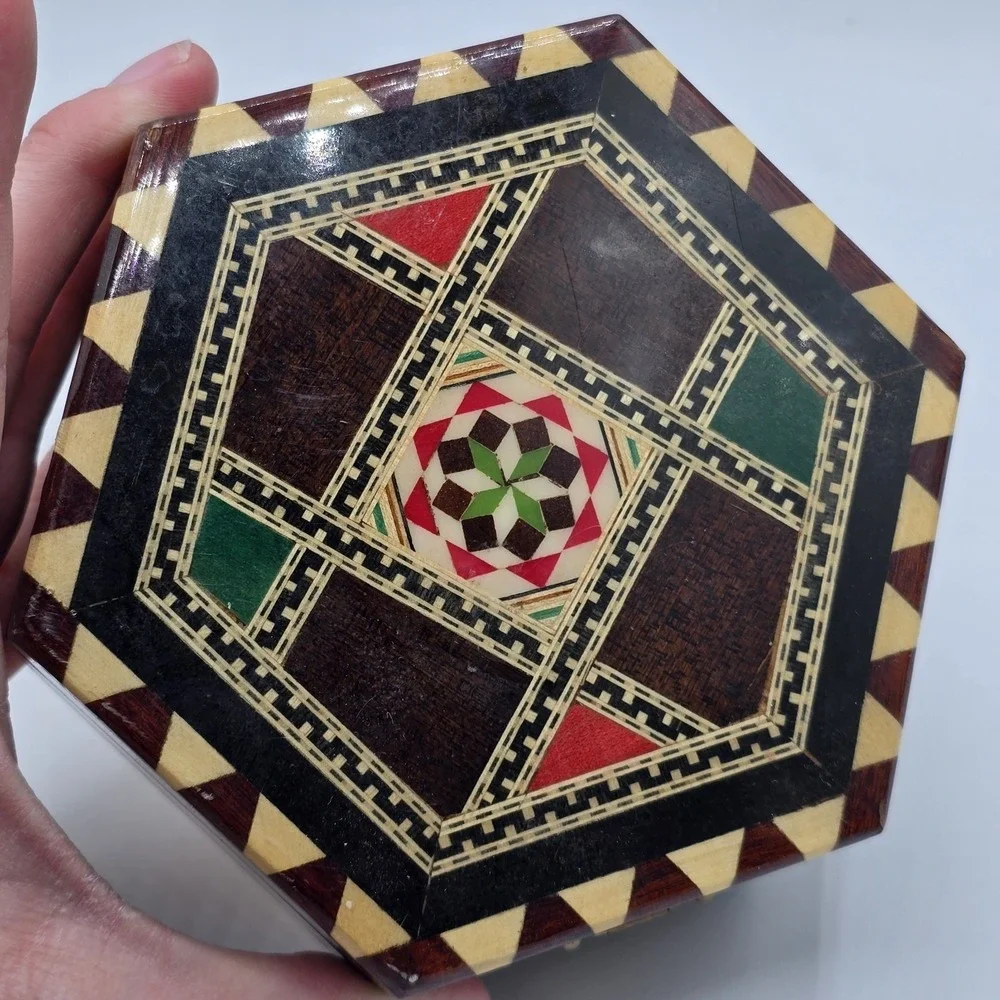 Vintage Moroccan Inlay Wood Jewelry‎ Box Geometric Marquetry Hexagon
